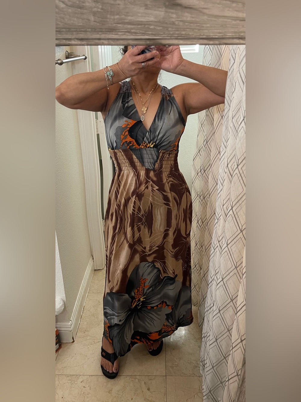 Signature by Sangria Brown and Gray Floral Maxi Dress with Orange Accents